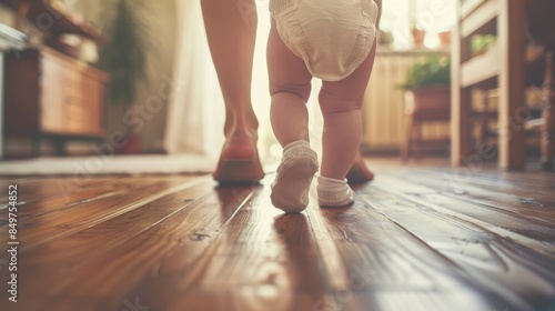 A baby making her first steps with guidance from her mother in a home environment photo