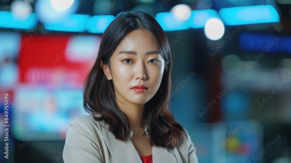 Asian announcer appearing on a news program Asian announcer appearing on a news program