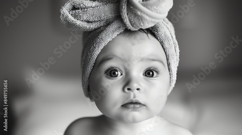 A sweet baby with big, curious eyes, wrapped in a towel.