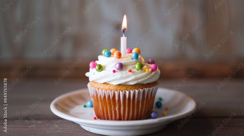 Delicious birthday cupcake on a white plate with a lit candle and multicolored candy toppings on a wooden background Delicious birthday cupcake on a white plate with a lit candle and multicolored candy toppings on a wooden background