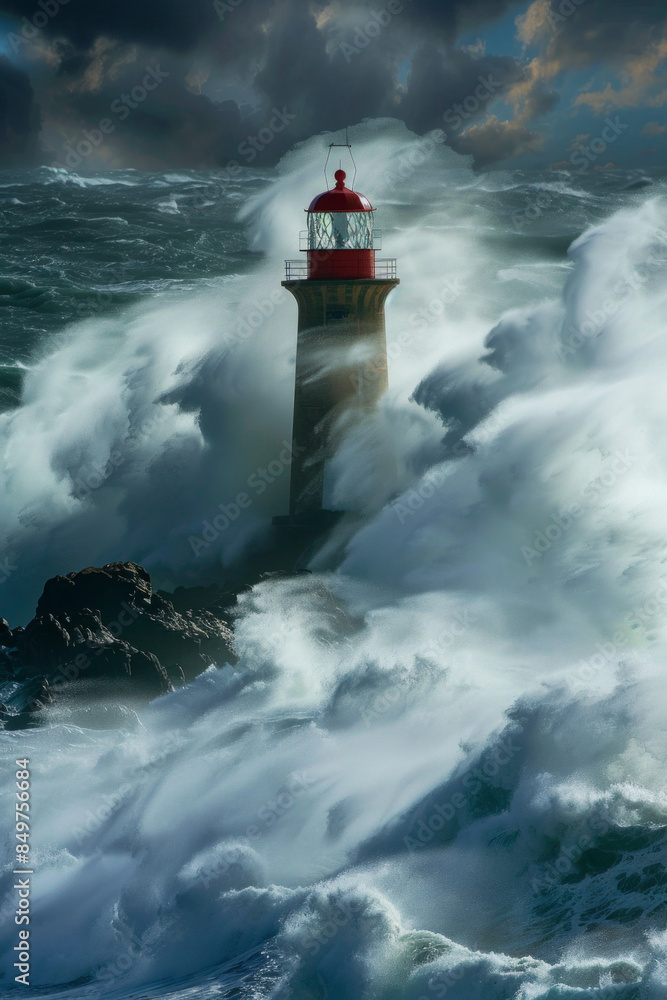 Solitary lighthouse standing against a turbulent sea Solitary lighthouse standing against a turbulent sea
