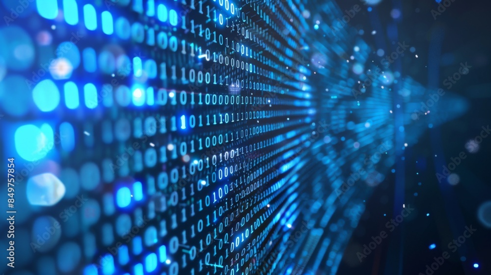 Illuminated streams of binary data code in a digital environment representing information technology