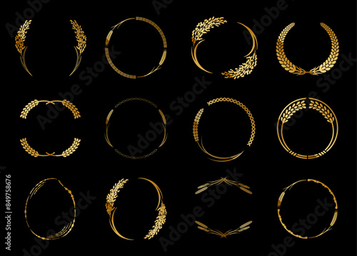 A retro Japanese style circular frame set with a rice, wheat and rice plant motif. A luxurious gold design.