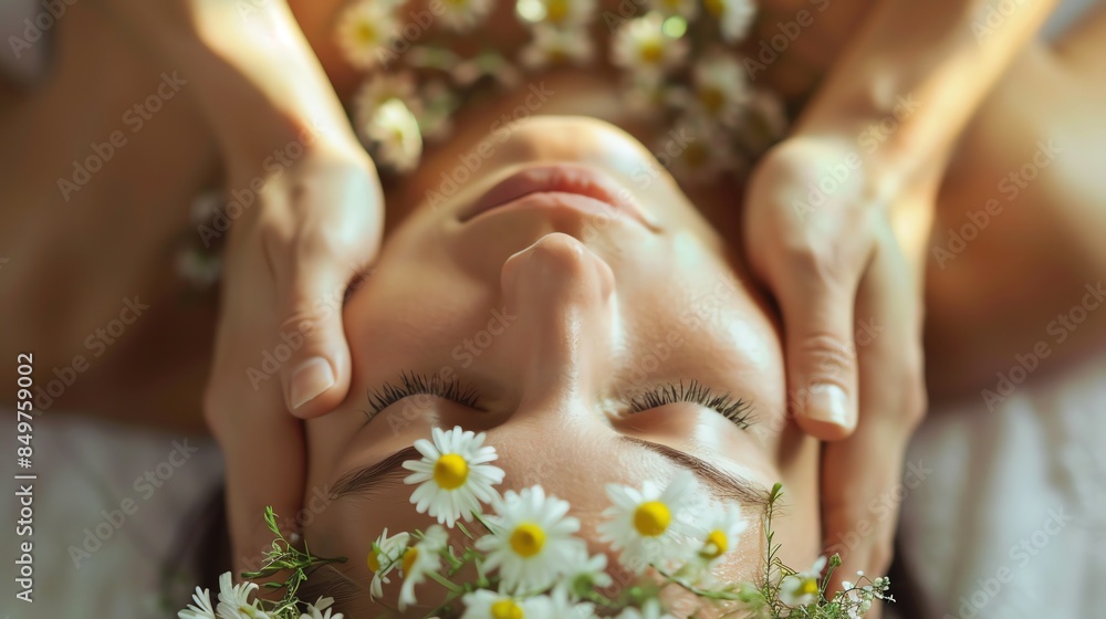 Fototapeta premium A woman receives a facial massage with chamomile flowers around her face.