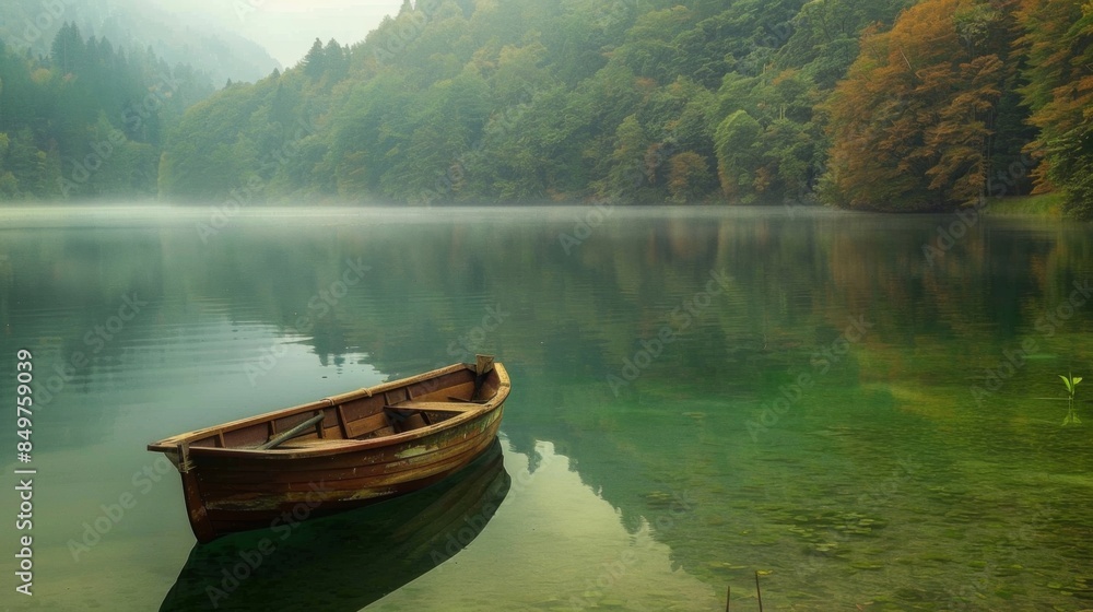 Misty autumn morning with an old wooden boat on the peaceful lake waters Misty autumn morning with an old wooden boat on the peaceful lake waters