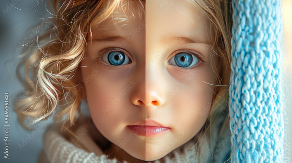 a baby avoiding eye contact. The background is a soft blue compassion.generative ai a baby avoiding eye contact. The background is a soft blue compassion.generative ai