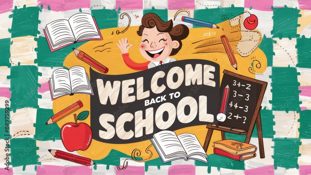 Fototapeta premium A cheerful illustration welcoming students back to school, featuring a smiling child, open books, pencils, an apple, and a small chalkboard with math equations.