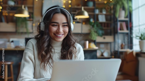 A woman with a beaming smile is wearing headphones, happily using her laptop in a bright, modern café or coworking space