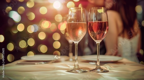 Wallpaper Mural Two sparkling champagne glasses are set on a table with a bokeh light background, suggesting a romantic dinner atmosphere Torontodigital.ca