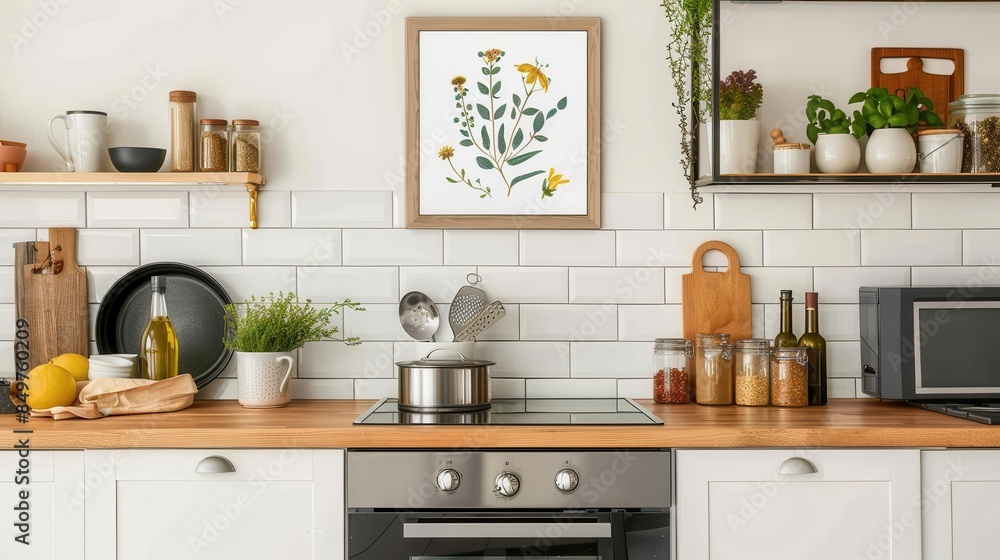 This image showcases a stylish kitchen counter with a mix of accessories including jars, appliances, and plants lending a homey feel to the space This image showcases a stylish kitchen counter with a mix of accessories including jars, appliances, and plants lending a homey feel to the space