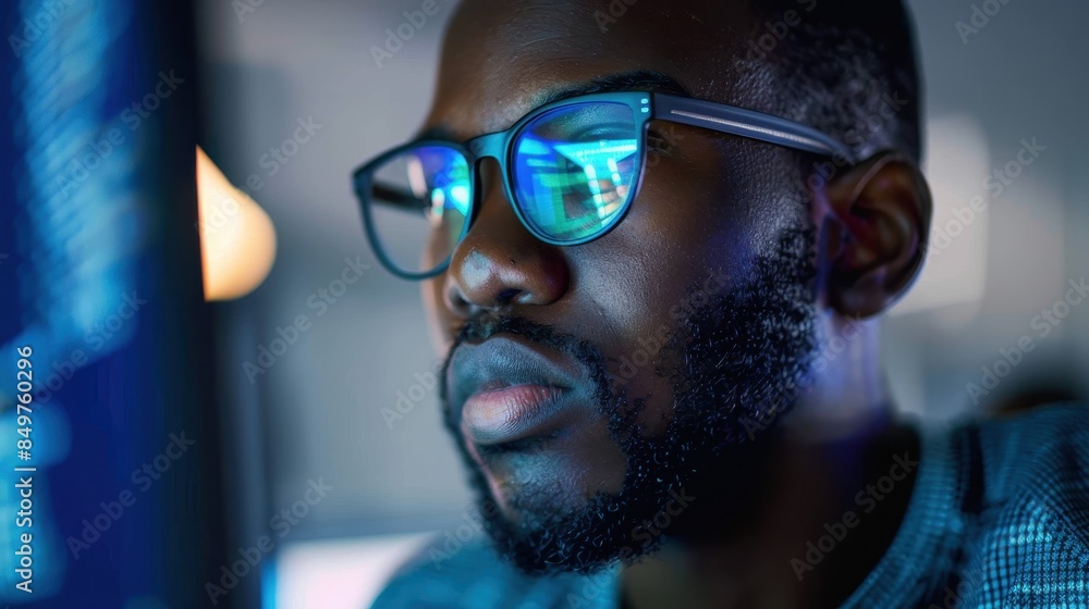 A man is visible from the side with his face blurred, focusing on his ear and glasses A man is visible from the side with his face blurred, focusing on his ear and glasses