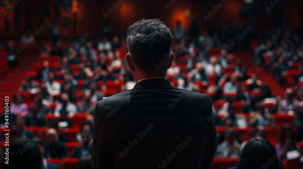 A man stands facing a crowd in a red-seated auditorium, likely addressing or presenting to the audience A man stands facing a crowd in a red-seated auditorium, likely addressing or presenting to the audience