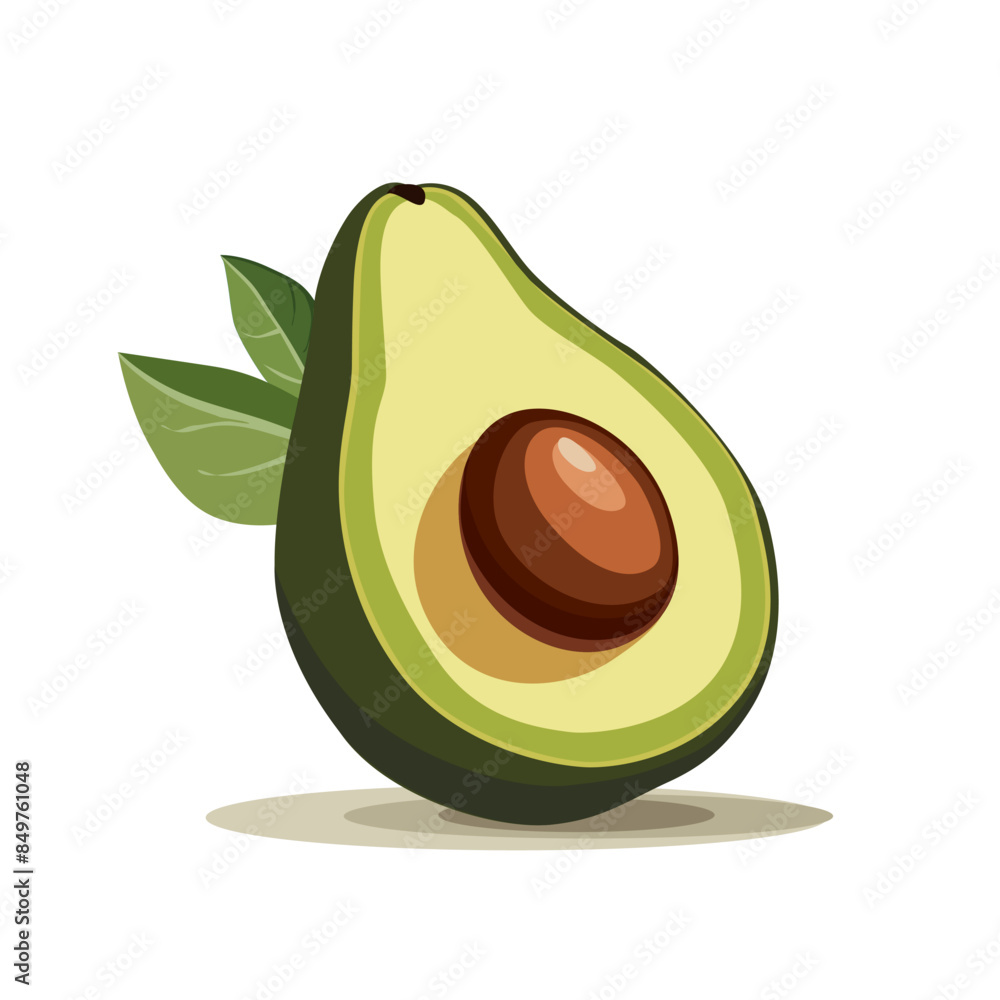 Fresh half cut green avocado isolated on white background. Side view. Vector food clipart for design