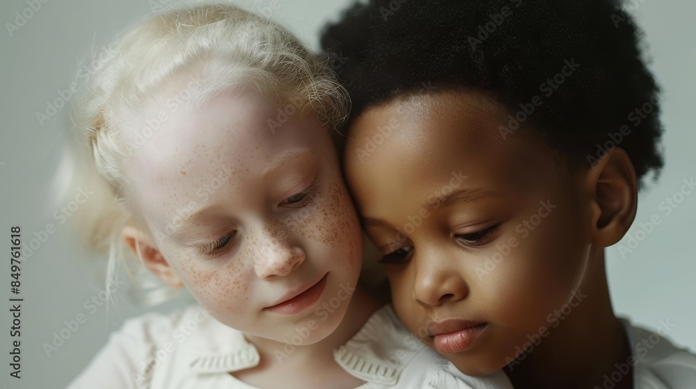 A tender moment as two children with contrasting appearances lean on each other against a soft background A tender moment as two children with contrasting appearances lean on each other against a soft background