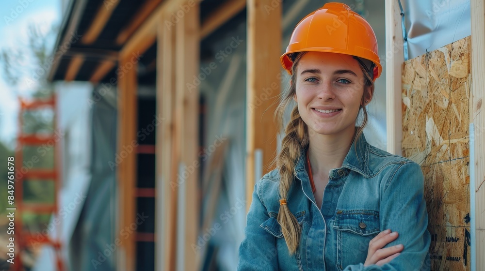 A smiling young woman in a denim jacket and orange helmet stands confidently at a building site A smiling young woman in a denim jacket and orange helmet stands confidently at a building site