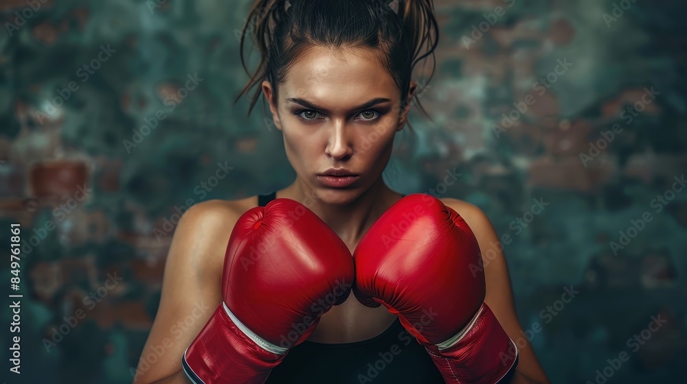 An athletic woman in a fighter stance dons red boxing gloves with a gritty, textured background enhancing the mood An athletic woman in a fighter stance dons red boxing gloves with a gritty, textured background enhancing the mood