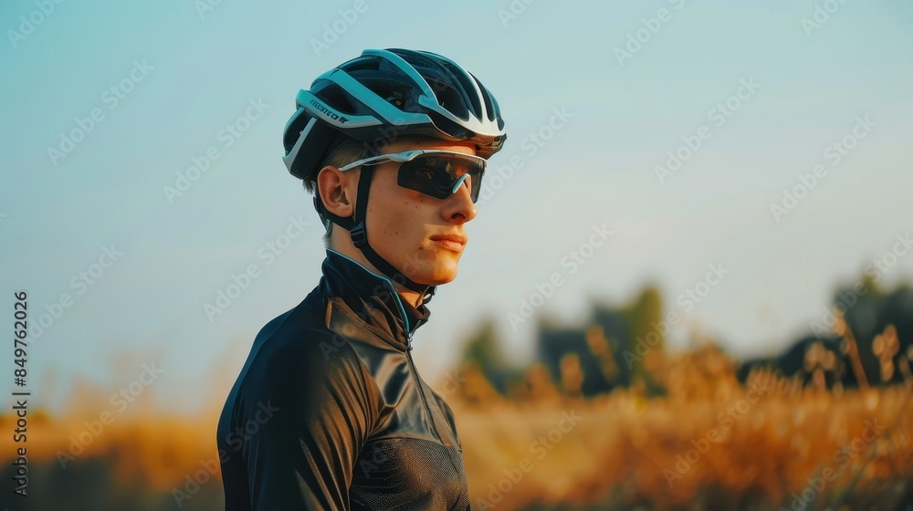 Cyclist in protective gear glancing back, with road and fields in the background during golden hour Cyclist in protective gear glancing back, with road and fields in the background during golden hour