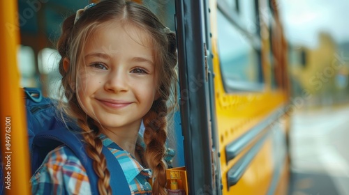 A young girl with braided hair smiles near the door of a yellow school bus, ready for school