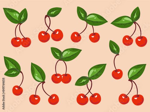 Set of cherries with leaves. Sweet summer bright cherry with green leaf in trendy retro vintage style. Cartoon red fresh food collection. Cute fruit icon. Hand drawn isolated vector illustration