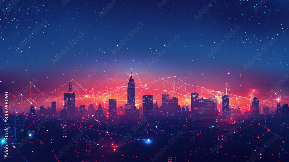 communication and network connection concept, a city skyline with jumping network lines illustated.generative ai communication and network connection concept, a city skyline with jumping network lines illustated.generative ai