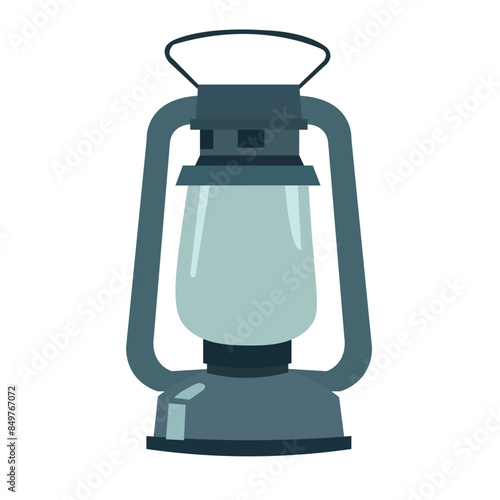 Blue vintage lantern vector illustration, old oil kerosene lamp image clip art, bushcraft or camping lantern icon isolated on white background
