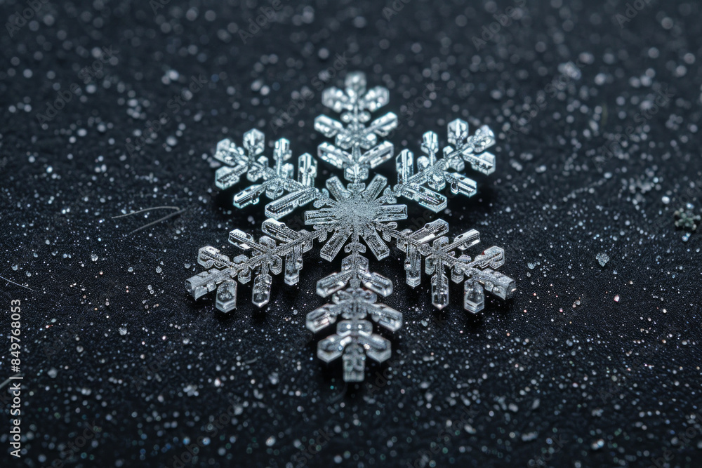 A single snowflake on a plain black background. A single snowflake on a plain black background.