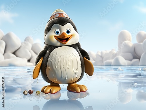 Santa Claus and a penguin friend ice skating on a frozen pond, both smiling and holding hands, capturing a playful and active holiday moment. 3d render cartoons character, full body, Isolate on white