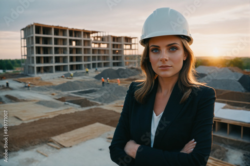 Professional businesswoman wearing a suit and hard hat on a construction site building apartments
