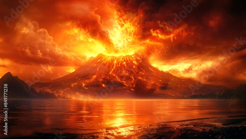 Seamless looping time-lapse animation of erupting volcano with lava and hot clouds background