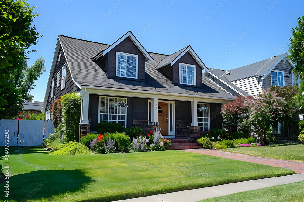 A suburban modern house in neighborhood, beautiful walkaway with same other homes in a same street, a landscape scenery of real estate home in exterior outlook in a daytime with luxury living, yard A suburban modern house in neighborhood, beautiful walkaway with same other homes in a same street, a landscape scenery of real estate home in exterior outlook in a daytime with luxury living, yard