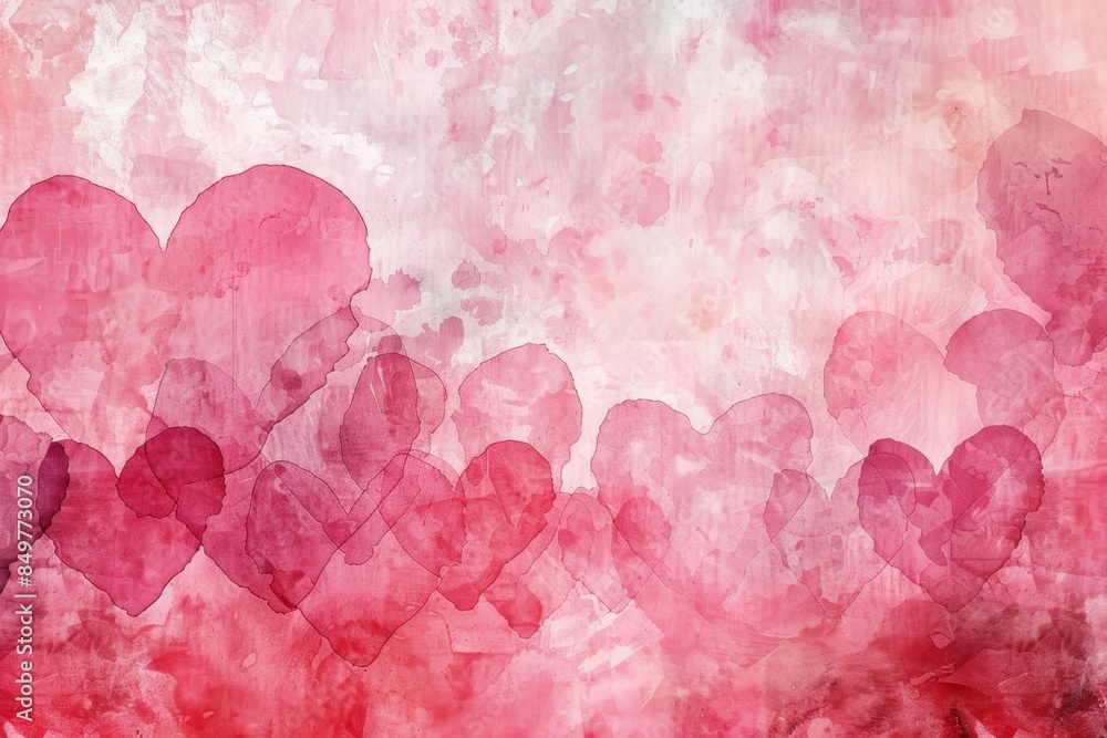 Watercolor painting featuring a gradient of pink and red, with hearts of varying sizes creating a romantic atmosphere Watercolor painting featuring a gradient of pink and red, with hearts of varying sizes creating a romantic atmosphere