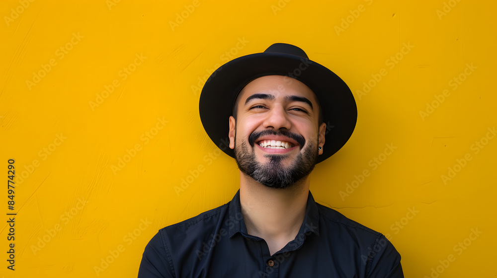 Latino man in a hat, smiling on a bright yellow background Latino man in a hat, smiling on a bright yellow background