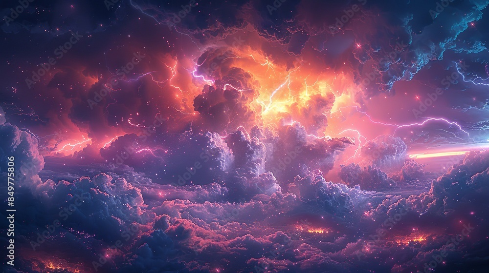 A dramatic portrayal of an angry sky, with thick, roiling storm clouds and sharp flashes of lightning that illuminate the dark expanse, rain pouring down in torrents, and a faint rainbow stretching A dramatic portrayal of an angry sky, with thick, roiling storm clouds and sharp flashes of lightning that illuminate the dark expanse, rain pouring down in torrents, and a faint rainbow stretching