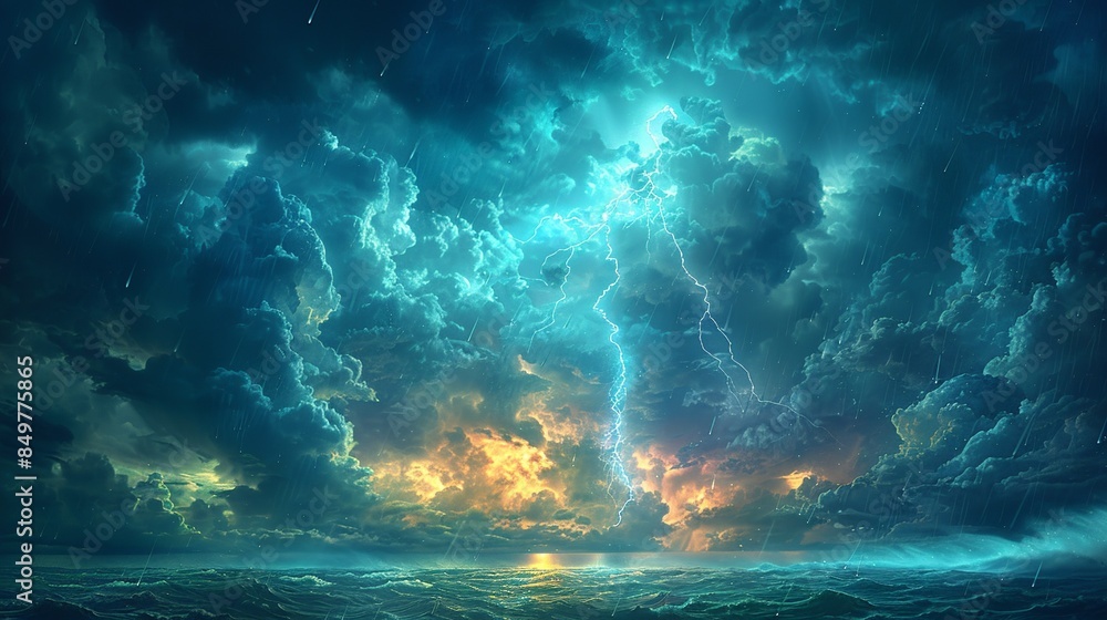 A dramatic portrayal of an angry sky, with thick, roiling storm clouds and sharp flashes of lightning that illuminate the dark expanse, rain pouring down in torrents, and a faint rainbow stretching A dramatic portrayal of an angry sky, with thick, roiling storm clouds and sharp flashes of lightning that illuminate the dark expanse, rain pouring down in torrents, and a faint rainbow stretching
