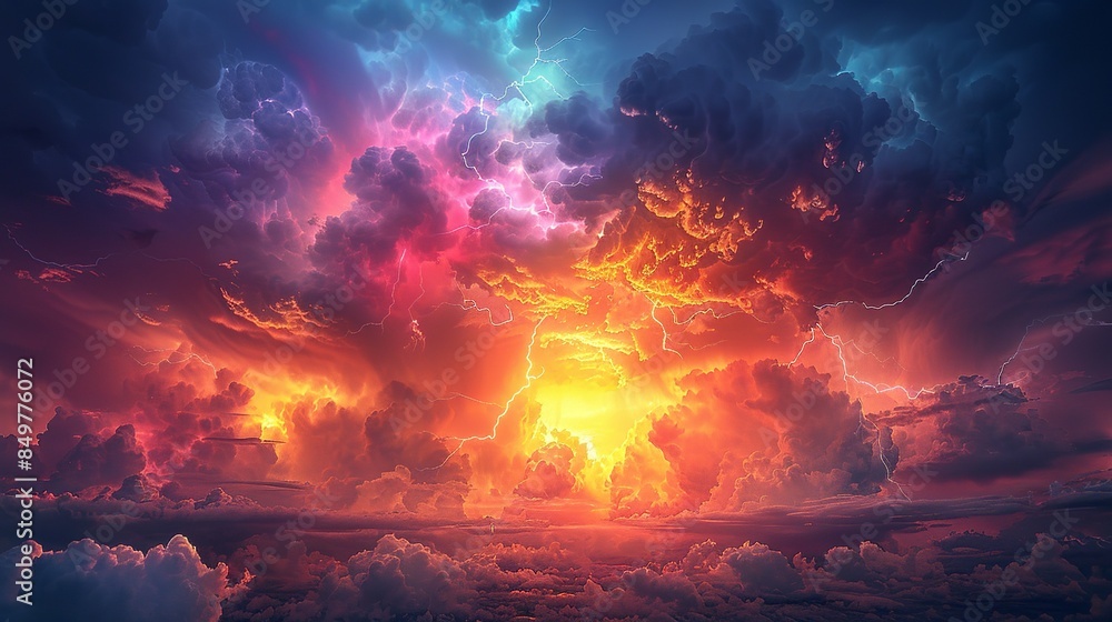 A dramatic sky illustration where intense lightning strikes split the dark clouds, heavy rain falls, and amidst the chaos, a bright, colorful rainbow arches across, providing a serene contrast. A dramatic sky illustration where intense lightning strikes split the dark clouds, heavy rain falls, and amidst the chaos, a bright, colorful rainbow arches across, providing a serene contrast.