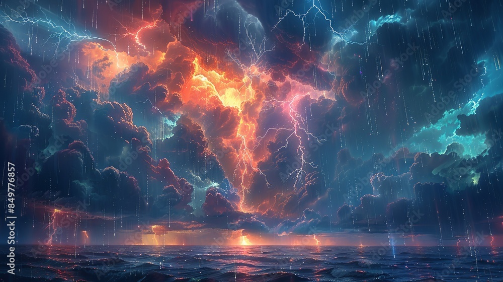 An evocative scene showcasing a sky in turmoil, with rolling, angry clouds and frequent lightning strikes that light up the landscape, accompanied by torrential rain, yet a soft, colorful rainbow An evocative scene showcasing a sky in turmoil, with rolling, angry clouds and frequent lightning strikes that light up the landscape, accompanied by torrential rain, yet a soft, colorful rainbow