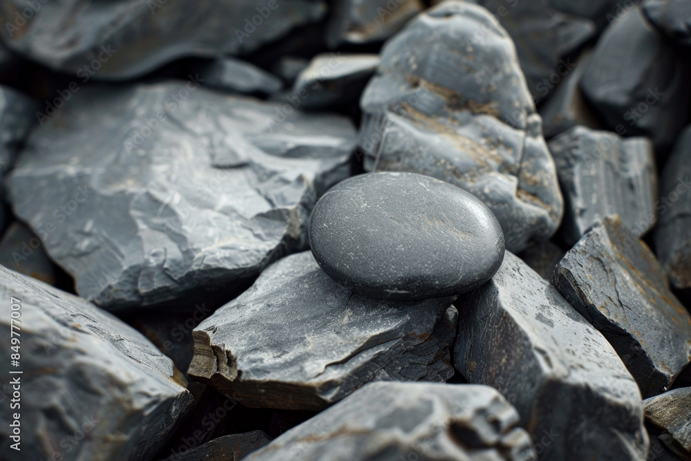 A single, perfectly round pebble among jagged rocks A single, perfectly round pebble among jagged rocks