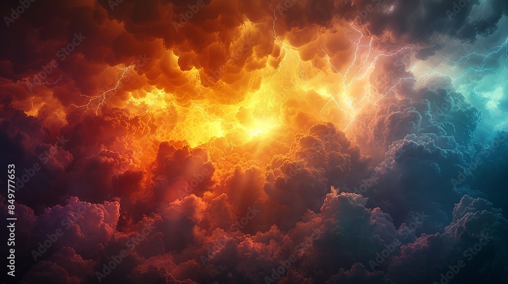 A powerful illustration of a turbulent sky where fierce clouds clash and roar with thunder, vivid lightning bolts cut through the gloom, rain cascades down relentlessly, and a gentle rainbow appears, A powerful illustration of a turbulent sky where fierce clouds clash and roar with thunder, vivid lightning bolts cut through the gloom, rain cascades down relentlessly, and a gentle rainbow appears,