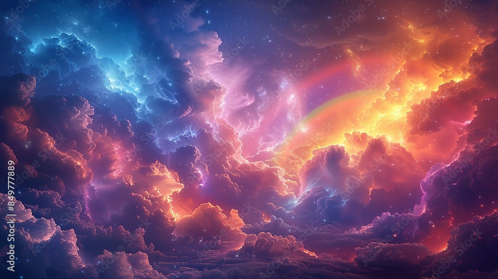 A powerful sky image showing thick, angry storm clouds roiling with fury, bright flashes of lightning, and sheets of rain, with a serene rainbow stretching across, capturing the duality of nature's A powerful sky image showing thick, angry storm clouds roiling with fury, bright flashes of lightning, and sheets of rain, with a serene rainbow stretching across, capturing the duality of nature's