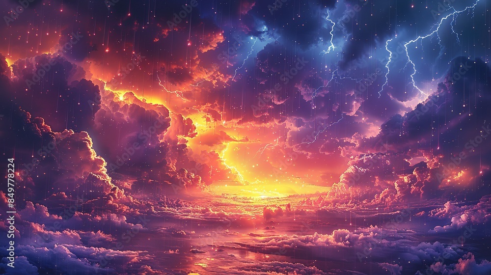 A striking image of a dramatic sky filled with boiling, dark clouds brimming with rage, bright streaks of lightning illuminating the scene, heavy rain falling in sheets, and a serene rainbow arching A striking image of a dramatic sky filled with boiling, dark clouds brimming with rage, bright streaks of lightning illuminating the scene, heavy rain falling in sheets, and a serene rainbow arching