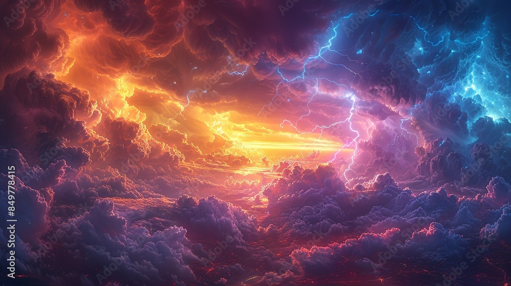 A vibrant illustration featuring a sky filled with dark, swirling storm clouds that radiate anger, with intense flashes of lightning illuminating the scene and a beautiful, vibrant rainbow stretching