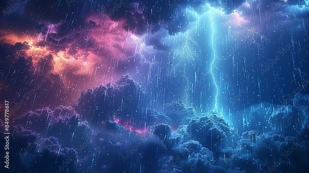 A vibrant illustration of a stormy sky where thick, ominous clouds clash, bright lightning bolts illuminate the dark expanse, rain pours down heavily, and a colorful rainbow emerges, adding a touch A vibrant illustration of a stormy sky where thick, ominous clouds clash, bright lightning bolts illuminate the dark expanse, rain pours down heavily, and a colorful rainbow emerges, adding a touch