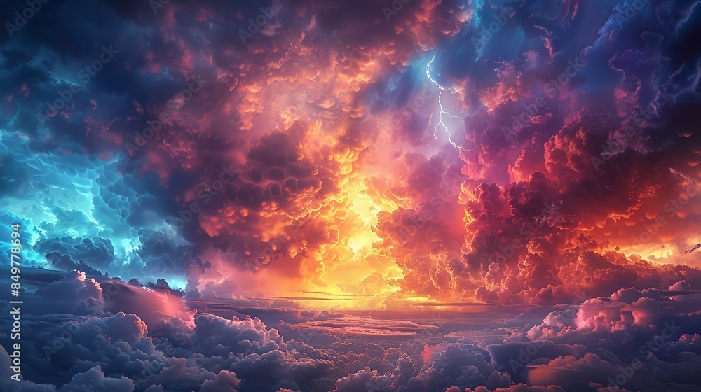 A vivid image of a sky in turmoil, with dark, swirling storm clouds and bright flashes of lightning, heavy rain falling in sheets, and a colorful rainbow beginning to form, showcasing the duality of A vivid image of a sky in turmoil, with dark, swirling storm clouds and bright flashes of lightning, heavy rain falling in sheets, and a colorful rainbow beginning to form, showcasing the duality of