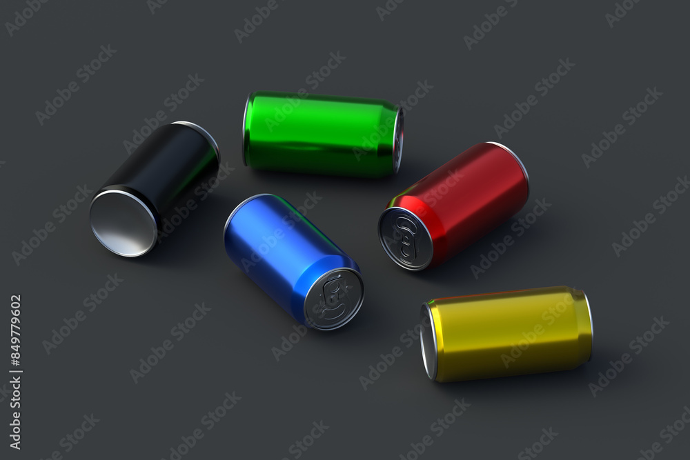 Scattered colorful aluminum soda cans on black background. Metal tin for beer. Blank jar for juice and other refreshment beverages. Packaging for liquid products. 3d render Scattered colorful aluminum soda cans on black background. Metal tin for beer. Blank jar for juice and other refreshment beverages. Packaging for liquid products. 3d render