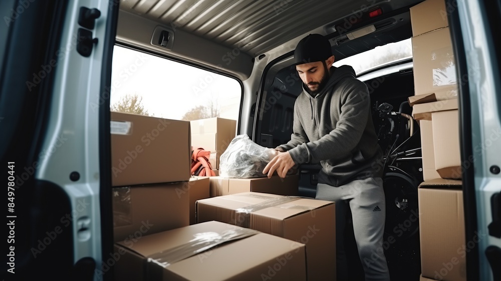 Fototapeta premium Man Loading Cardboard Boxes in a Van