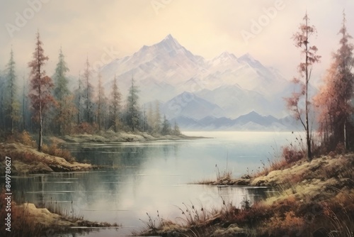 Lake painting wilderness landscape. photo