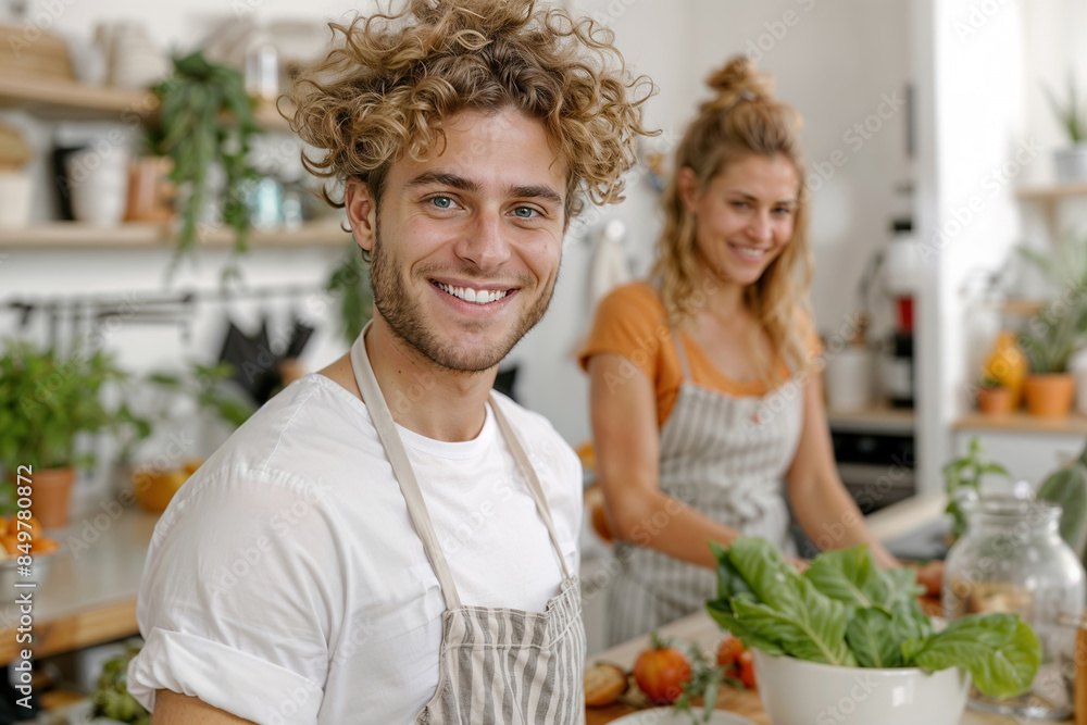 A man with curly hair smiles while wearing an apron and cooking with his partner in a modern kitchen A man with curly hair smiles while wearing an apron and cooking with his partner in a modern kitchen