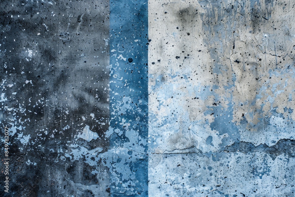Obraz premium Weathered concrete wall featuring a blue stripe running vertically down its center, creating a contrasting and visually interesting texture