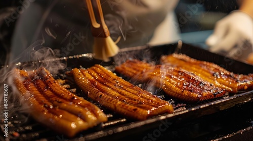 A chef grilling unagi (eel) and brushing it with a savory glaze. 