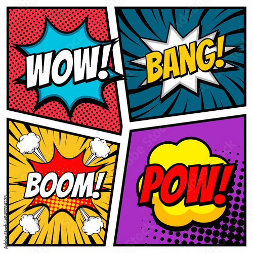 A set of speech bubbles. Comic text sound effects. Banner, poster, sticker concept. Vector bright cartoon messages. Anime Pop art style